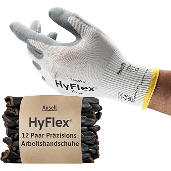 Ansell HyFlex 11-800 Work Gloves Industrial and Mechanic s Gloves with Improved Grip and Comfort Technology White and Grey Size 10 12 Pairs