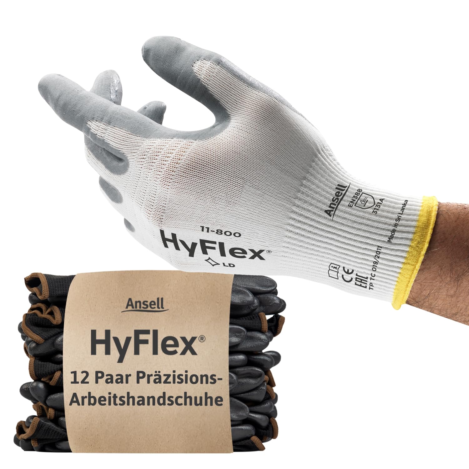 Ansell HyFlex 11-800 Professionelle Arbeitshandschuhe, Rutschfeste Nitril-Beschichtung, Industrie-Schutzhandschuhe für Mechanik, Werkstatt und Montage, Waschbare, Weiß, Größe 2XL (12 Paar)