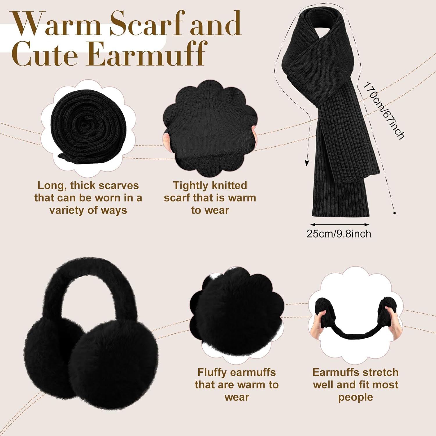 12 Pcs Winter Hat Gloves Scarf Earmuff Set Beanie Pompom Fleece Lining Hat Touch Screen Gloves Knitted Scarf