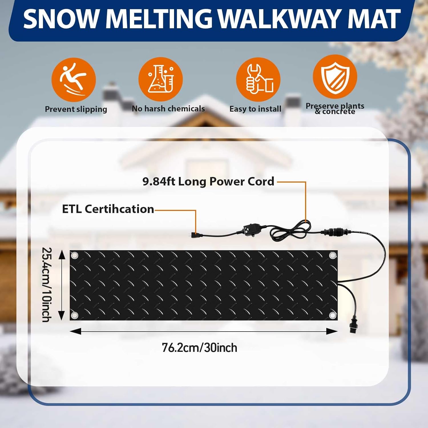 riakrum 2 pcs heated snow melting mats outdoor, 10 x 30 in winter anti-slip heated rubber mat for walkways decks and sidewalks, electric snow and ice melting pads connection with 9.84 ft power cord 2 10 x 30 inch