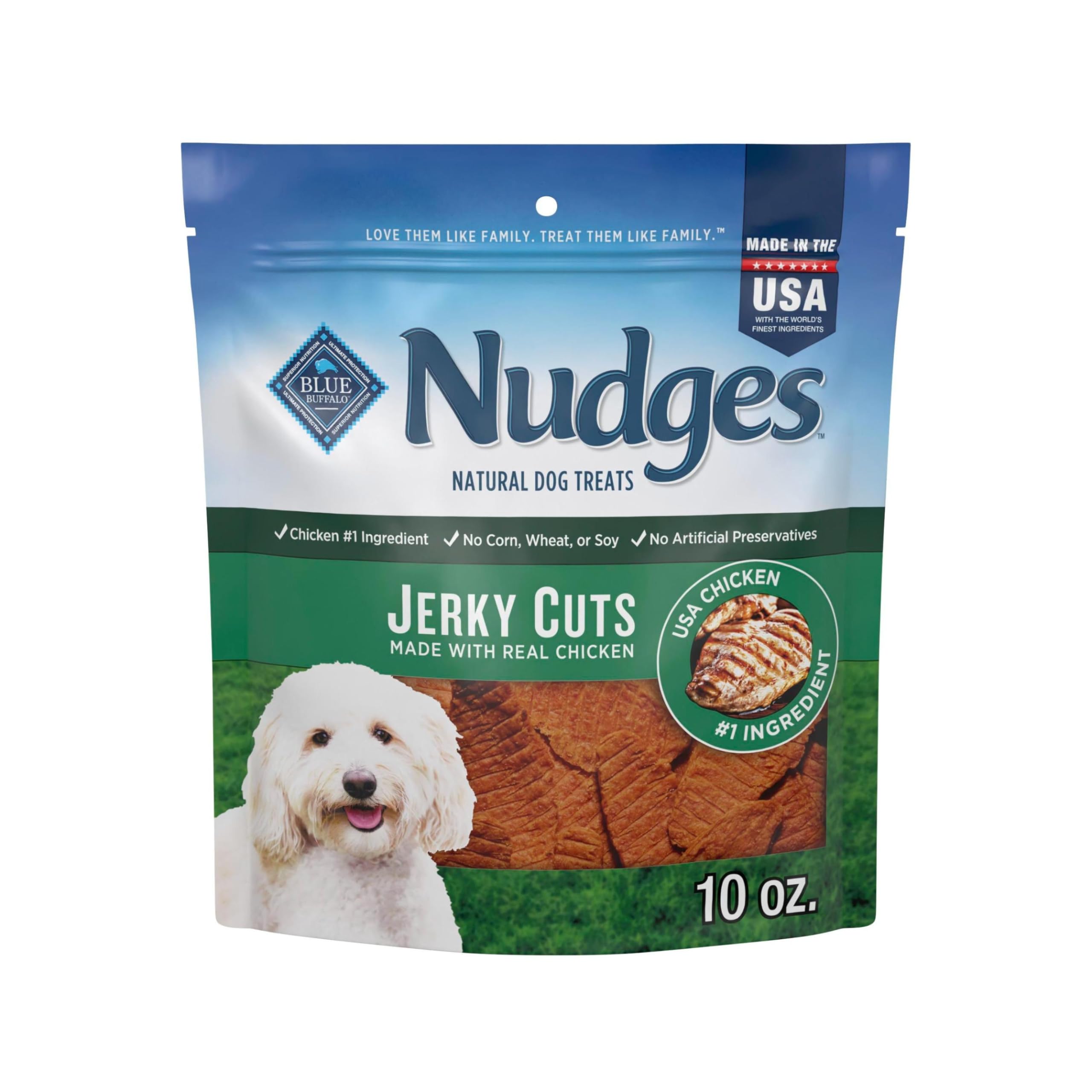 Blue Buffalo Nudges Jerky Cuts Dog Treats, Made in the USA with Natural Ingredients, Chicken, 10-oz Bag