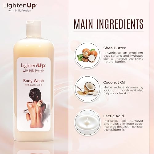 Miniatura 3 de OMIC Lighten-Up LightenUp - Gel de ducha exfoliante con ácido láctico, 33.8 onzas líquidas, con manteca de karité, aceite de coco, para todo tipo de