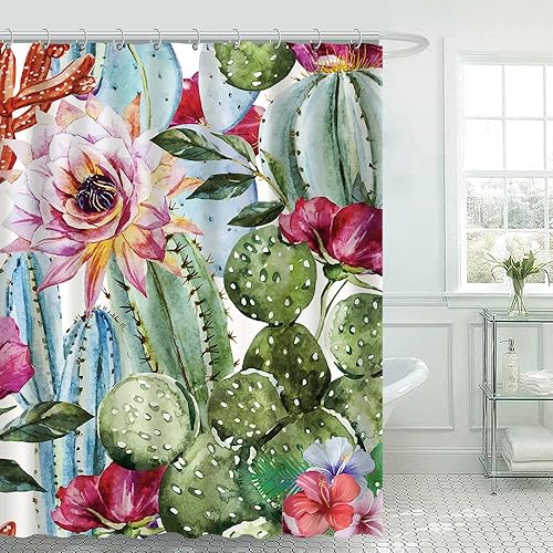 Miniatura 2 de POKTULIKT Cortina de ducha de cactus de acuarela para decoración del hogar, baño, plantas tropicales, cactus y flores, cortina de ducha de 72 x 72