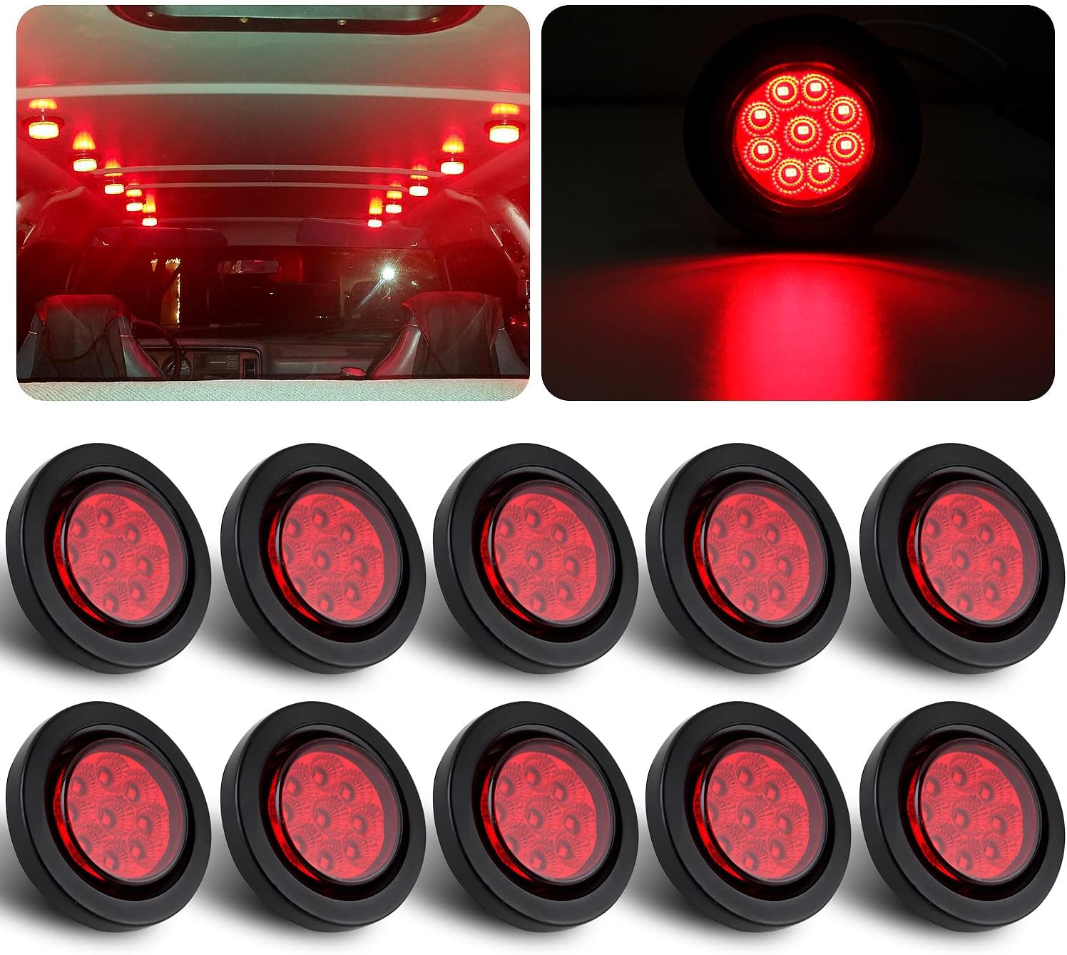 Konrali 10Pcs 2 Inch Round Red LED Marker Lights 9 LED w/Reflectors, Multi Faceted 2 Inch Led Side Marker Clearance Lights Trailer Marker Lights Flush Mount w/Grommets and 2 Prong Pigtails