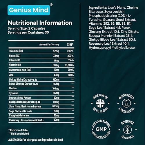 Genius Mind® - Suplemento nootrópico para el cerebro, apoya la función cognitiva, los niveles de energía, la función de enfoque y memoria - 17