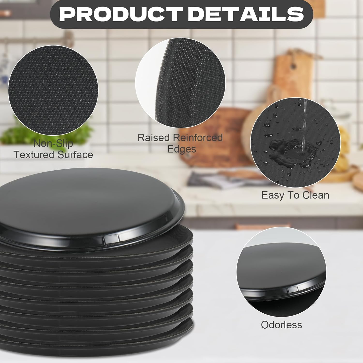8Pcs Black Round Restaurant Serving Trays, Plastic Non Slip Surface Circle Fruit Appetizer Flat Tray Food Drink Server Tray with Raised Edges for Home, Restaurant, Cafeteria, Bar, Cocktail (11 in) - Image 3