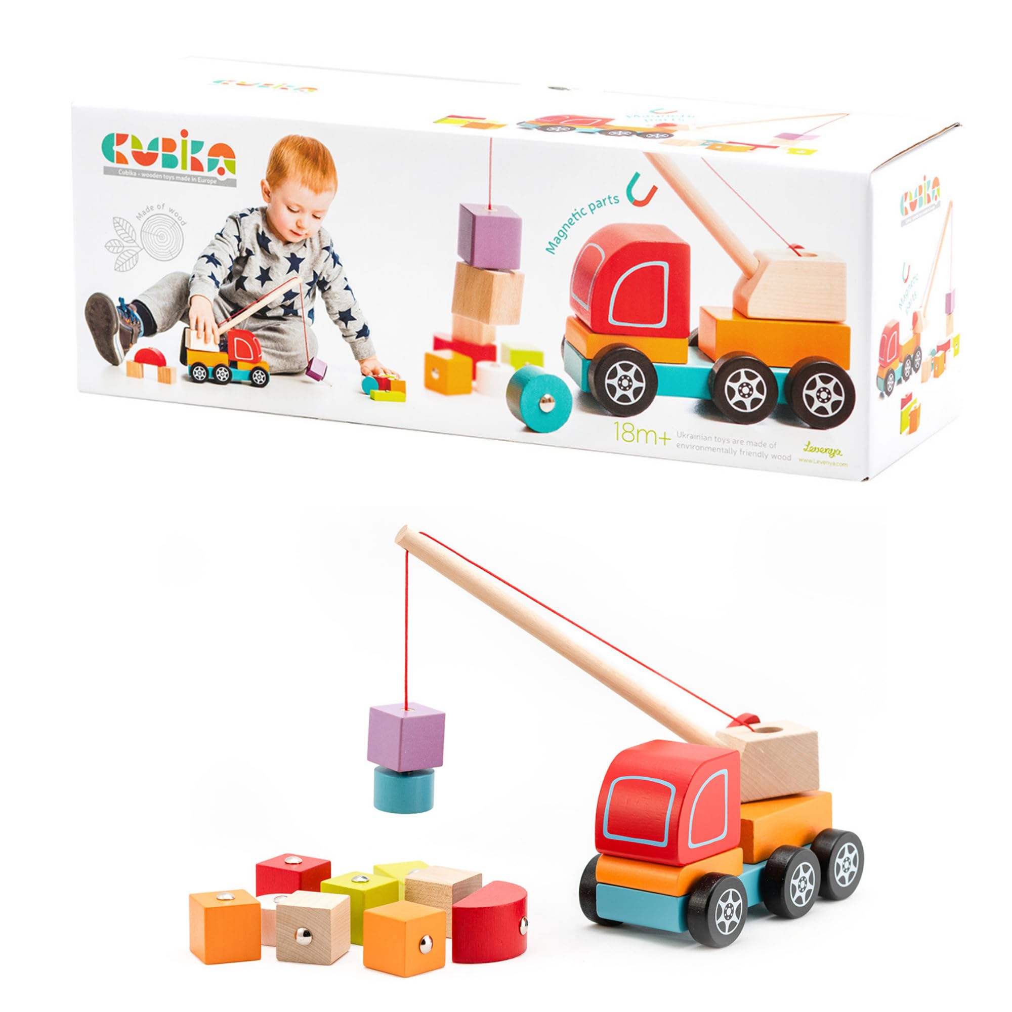 CUBIKA Wooden Crane Truck – Magnetic Construction Vehicle Playset for Toddlers Ages 18 Months+ – Montessori Toy for Fine Motor Skills, Creativity, and Imaginative Play