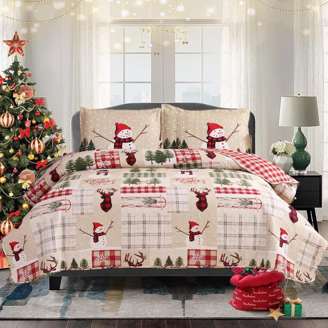 Jarson Christmas Quilt Set King Size 3-Piece Xmas Bedspread Reversible Coverlet Snowman Tree Design for New Year Bed Decor, Lightweight Bedding Cover for All Season(1 Quilt + 2 Pillow Shams, Beige)
