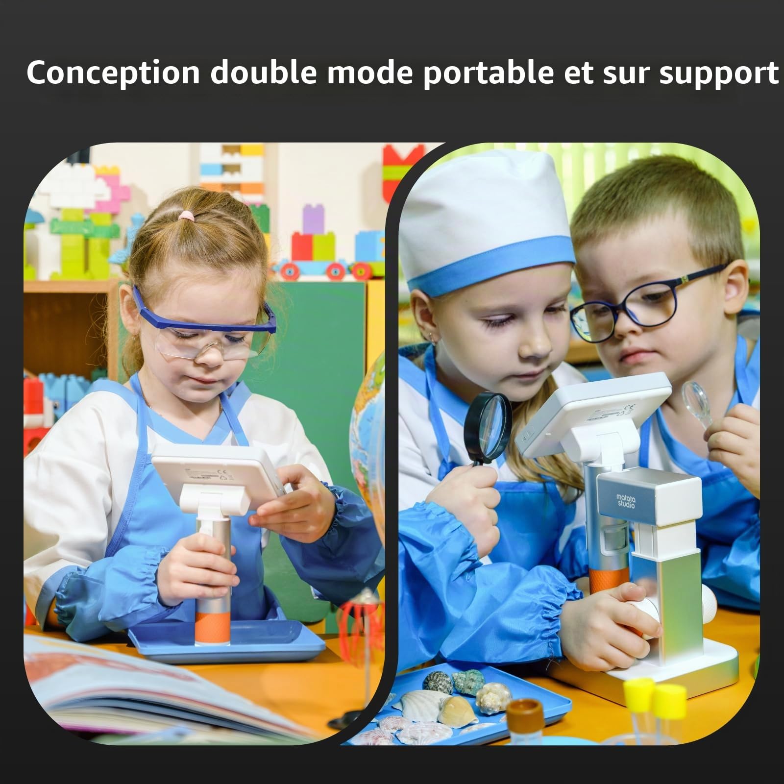 Microscope Numérique Professionnel Enfant, MatataStudio MX2-AS Microscope Electronique Portable Portatif 2 en 1 avec 4,3" LCD, Zoom 100x-1600x, Prend en Charge Photo et Vidéo, Cadeau d'anniversaire