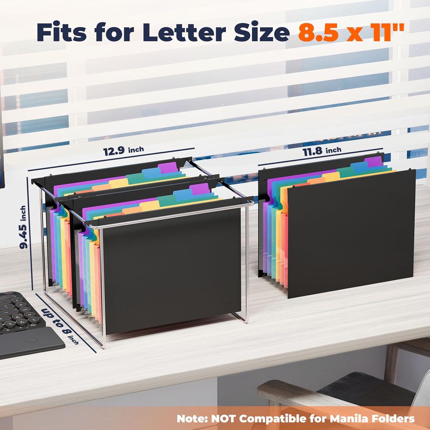 SUIN Expanding Hanging File Folders, 7 Pockets Accordion Organizer, Letter Size 1.2" Expansion with Color Tabs for Filing Cabinets (6)