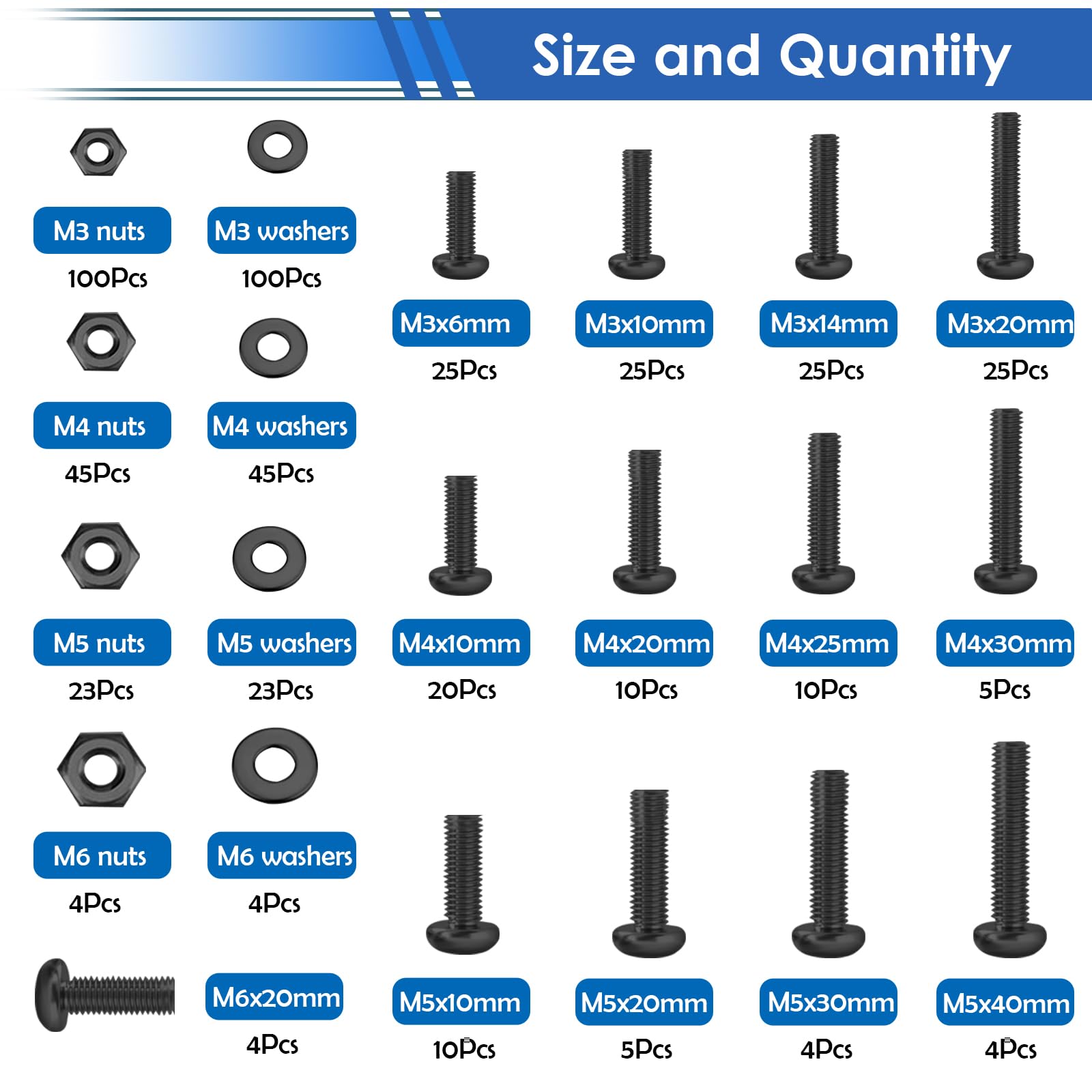 smseace 516Pcs Black Nuts and Bolts Assortment Kit 21-Sizes M3/M4/M5/M6 Nut Bolt Washer Assortment Kit for Machinery, Furniture, Automotive, Motorcycle Repairs — Amazon image 2
