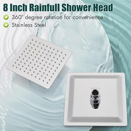 Miniatura 4 de Juego de cabezal de ducha y mango de 8 pulgadas, juego de grifo de ducha cuadrado para baño, sistema de ducha de acero inoxidable, cabezal de ducha