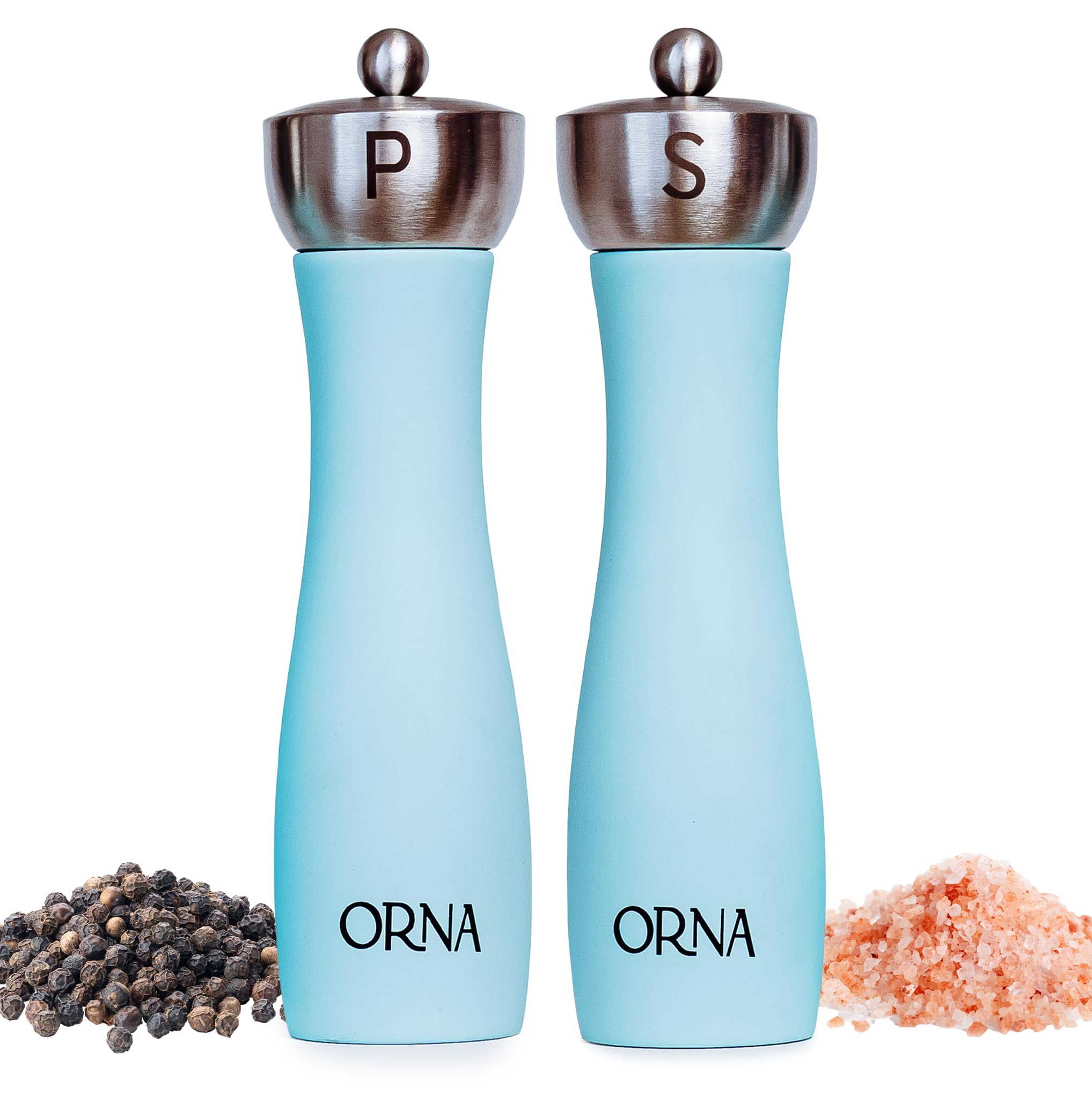 ORNA Salt and Pepper Grinder Set Wooden Pack of 2 – Refillable Adjustable Coarseness Manual Spice Mill Set in Gift Box – 8.5 in / 21.5 cm – Turquoise