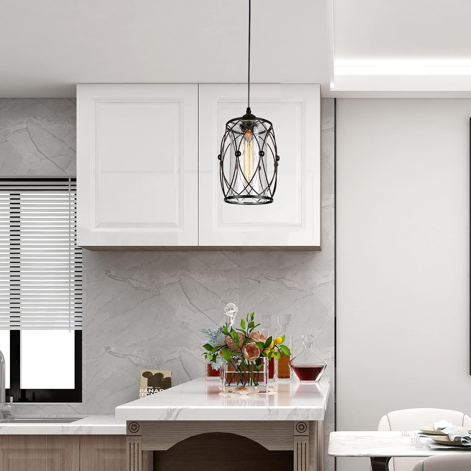 HMVPL Swag Plug-in Pendant Light with 16.4Ft Hanging Cord and On/Off Dimmer Switch,Original Industrial Cage and Glass Lampshade Design for Dining Room Bed Room Hallway