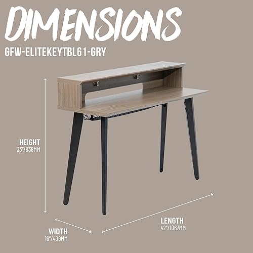 Vista 2 de Gator Frameworks Elite Series - Escritorio con teclado de 61 notas con diseño abatible y paso de cable trasero, acabado gris madera flotante
