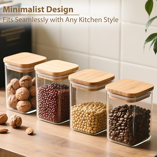 Miniatura 2 de Recipientes de vidrio cuadrados de 37 onzas con tapas de bambú, paquete de 4 tarros de vidrio herméticos transparentes para organizar y almacenar