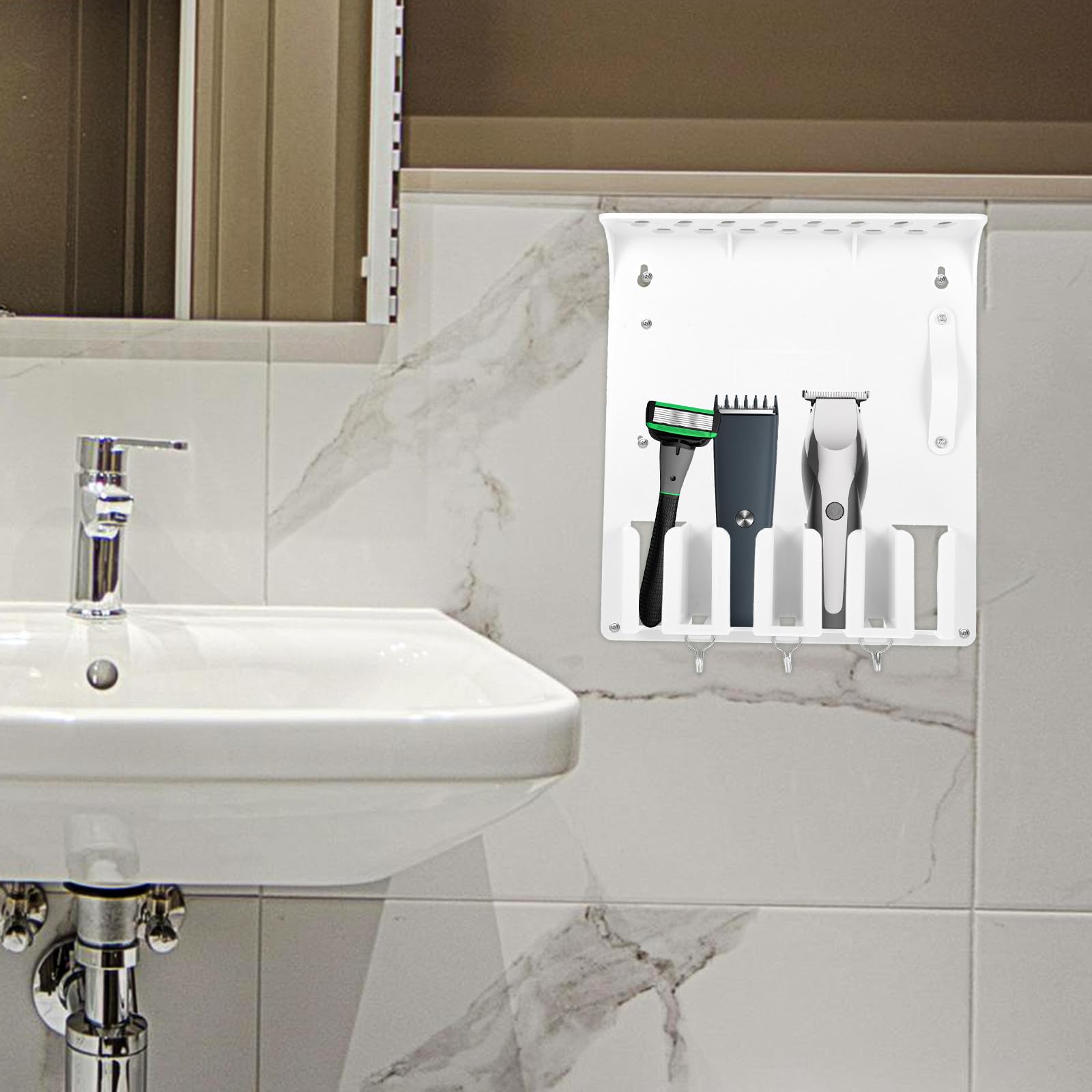 ULTECHNOVO Soporte de Pared para Cortapelos Profesional Blanco, Organizador para Tijeras y Herramientas de Peluquería, Estante Multifuncional para Máquina Cortapelos y Cepillos de Cabello,