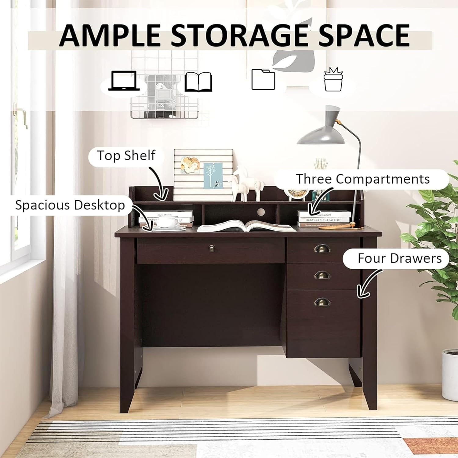 GOFLAME 48” Computer Desk with Hutch, Vintage Home Office Desk with Storage Drawers & Shelves, Space Saving Laptop PC Table, Wooden Study Writing Workstation, Brown