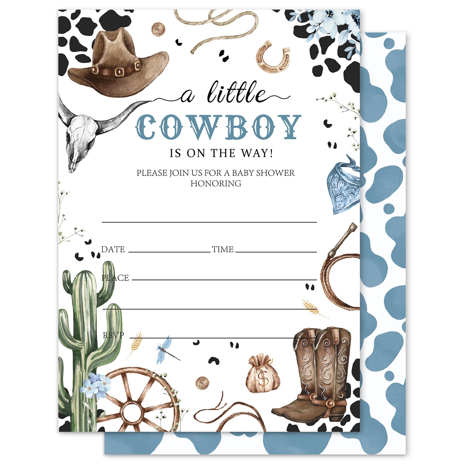FYSUIMU 25 Sets Western Cowboy Baby Shower Party Invitations with Envelopes Stickers A Little Cowboy Is On The Way Fill-In Invites Cards for Gender