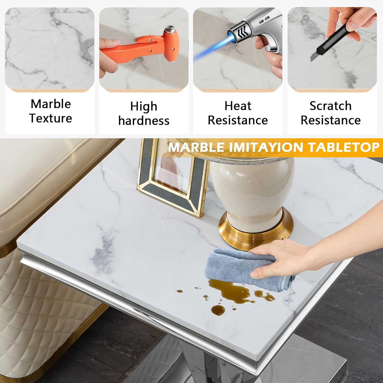 Marble Coffee Table Set of 3, Modern White Faux Marble Coffee Table and 2 End Side Table Set with Stainless Steel Base, Luxury Silver 3 Piece Living Room Table Set for Apartment Home Office