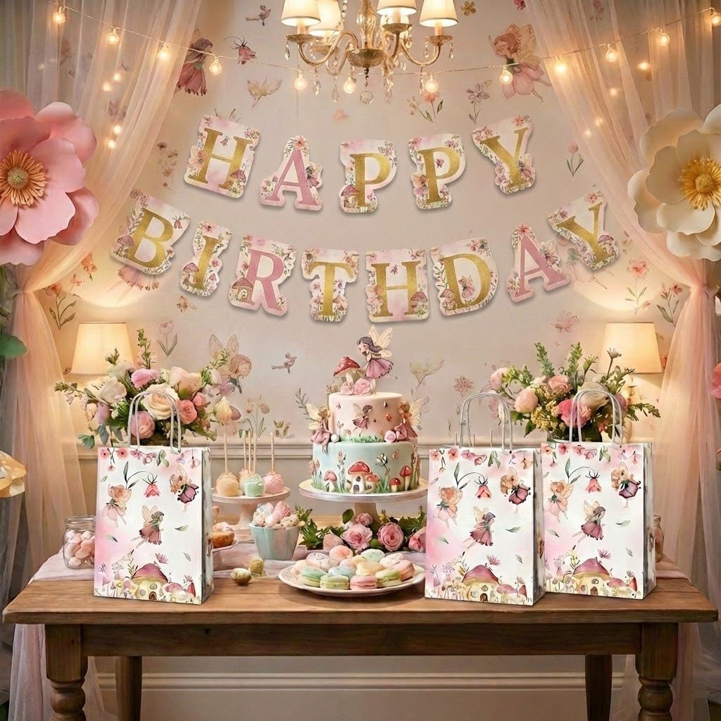24 Pcs Fairy Party Favor Bags with Handles, Woodland Mushroom Goodie Gift Candy Treat Paper Bags for Kids Girls Baby Shower Birthday Party - Image 6