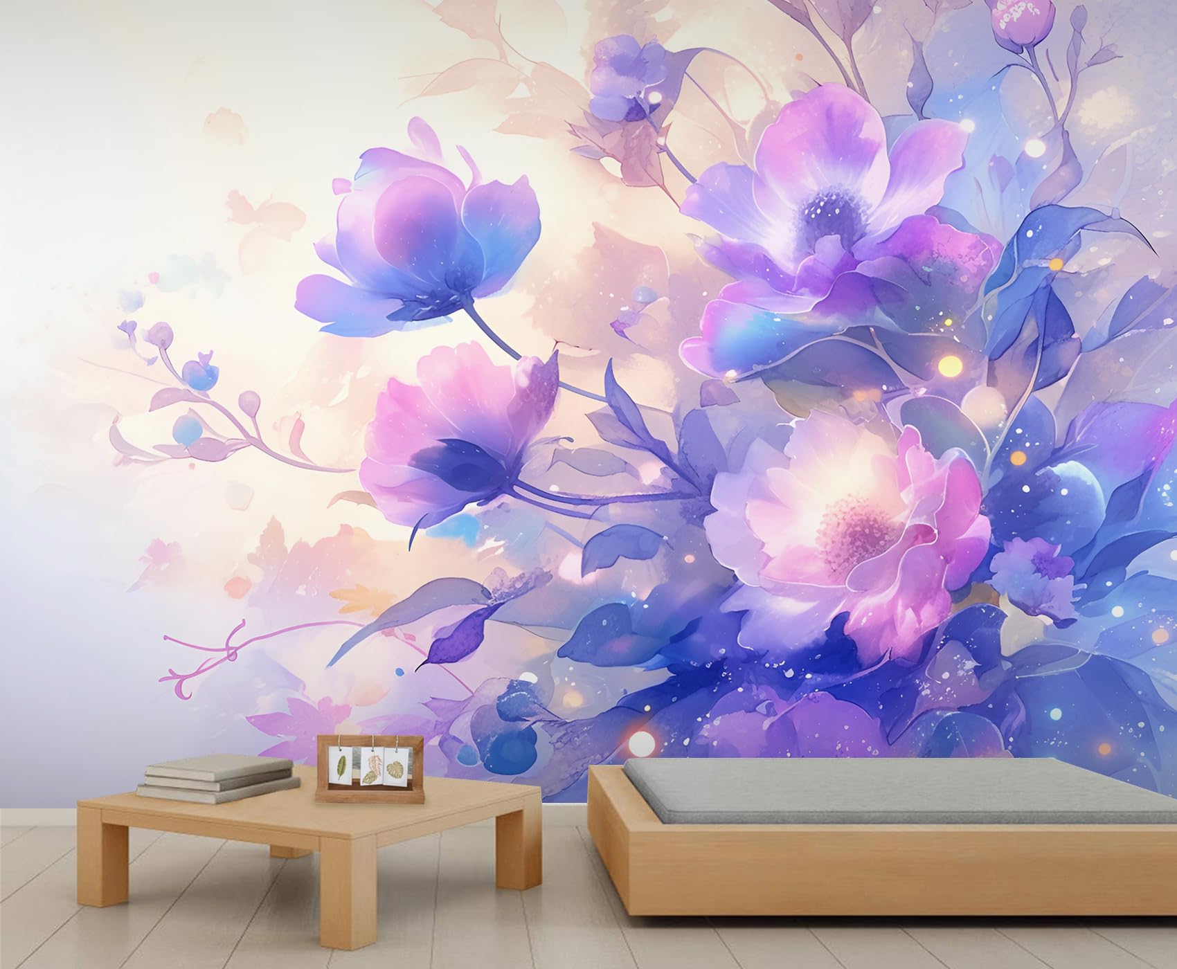 Papier Peint Fleurs Bleu Violet : Décoration Murale Salon Amovible 250x175
