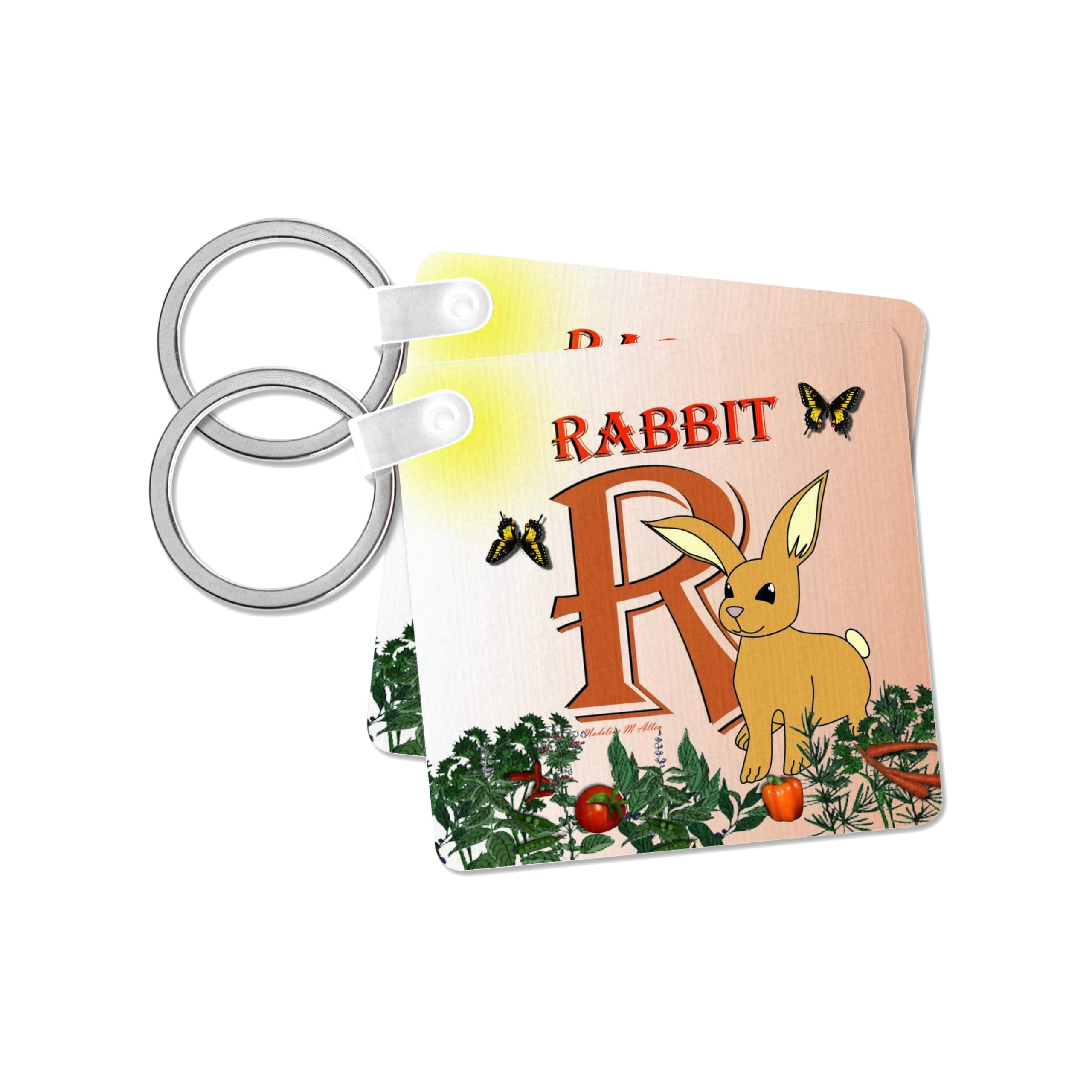 3dRose, Decorative Animal Alphabet Art for children - R is for a Rabbit in the vegetable garden, set of 6 Key Chains