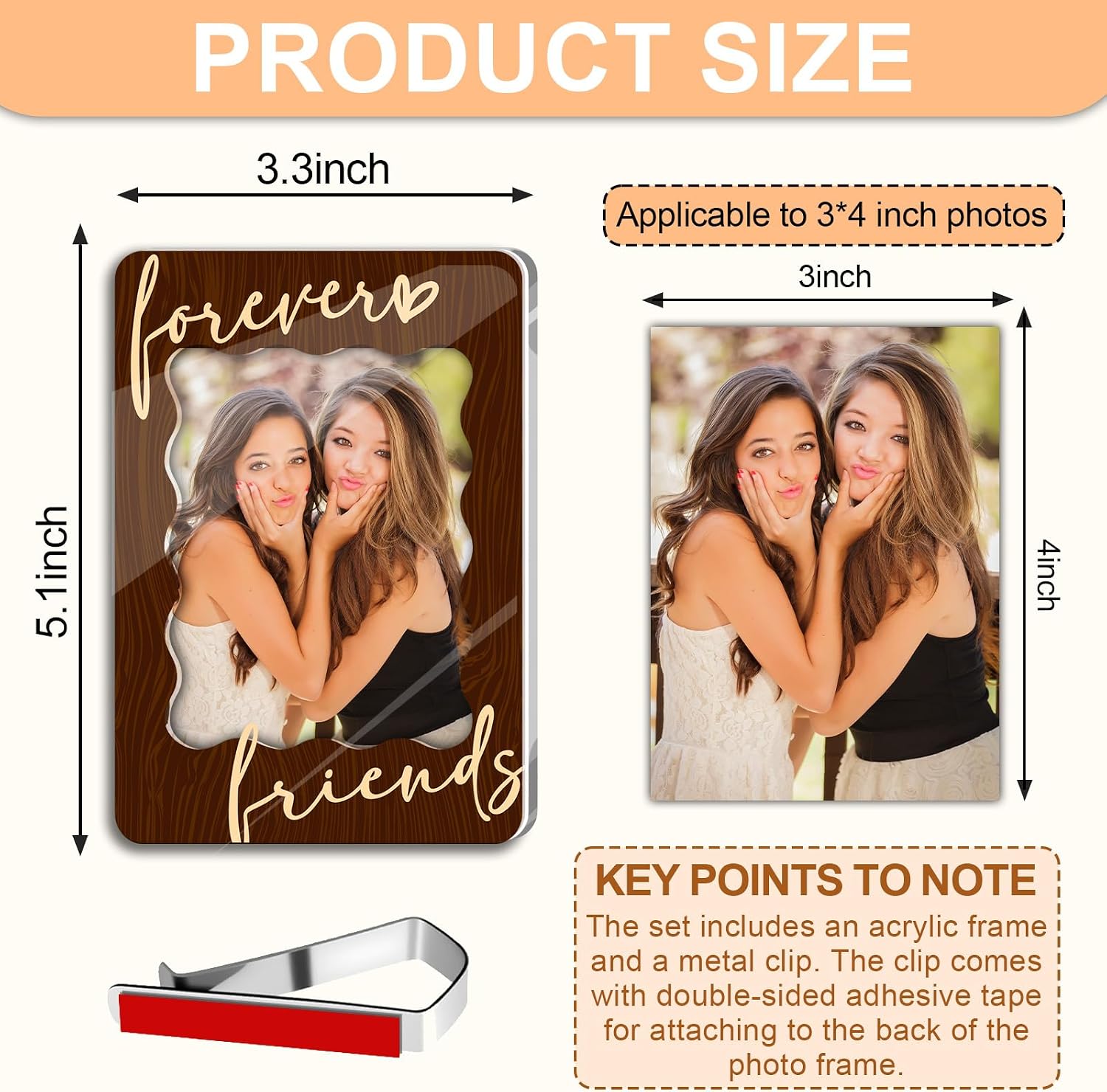 Car Sun Visor Picture Frame, Forever Friends Acrylic Photo Holder Clip, Rustic Brown Wood Auto Interior Decor, Meaningful Friendship Travel Present for Besties Women image 2