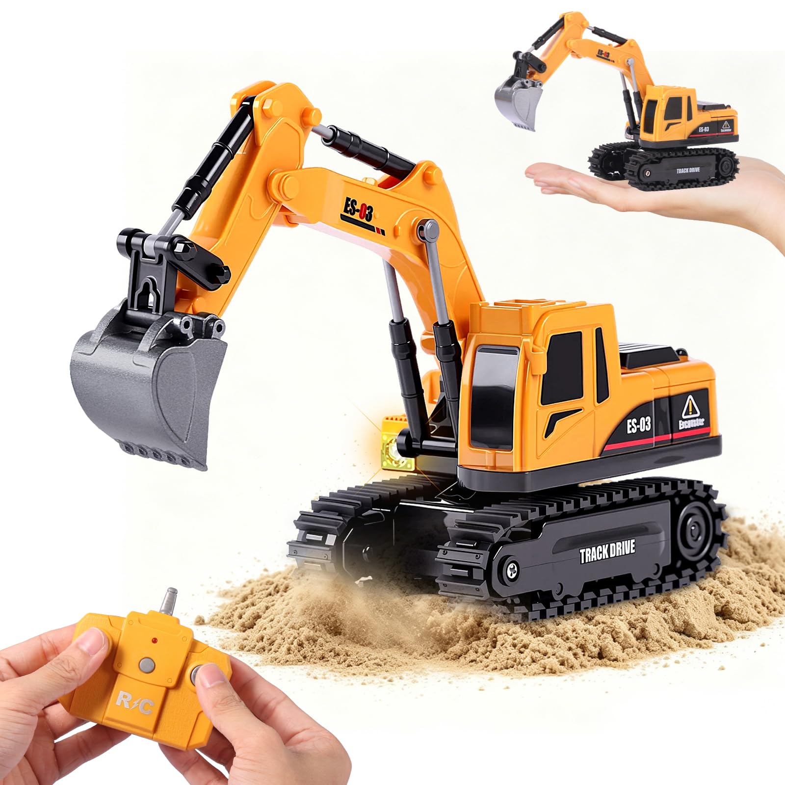 Remote Control Excavator Toy for Boys, 2.4Ghz RC Mini Digger Construction Vehicle 1:64 Scale with Light, Kids Engineering Truck Toy for 3 4 5 6 7 8-12 Year Olds, Birthday Easter Gift Boy Age 3 4 5 6