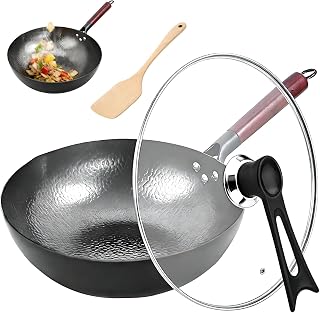 wok with lid 32cm, natural hammered nonstick wok made of carbon steel with acacia wood handle, without coating, suitable for all types of stoves
