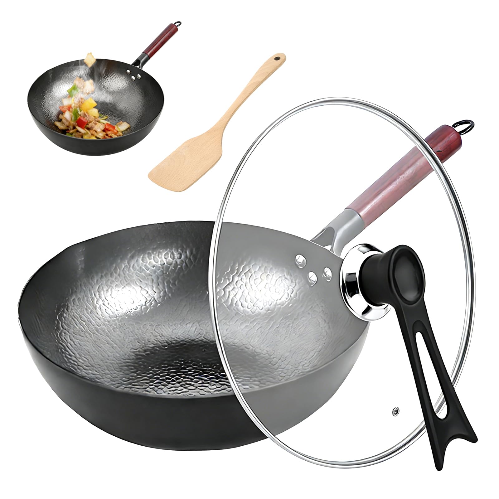 Wok con coperchio 32 cm, Wok martellato in acciaio al carbonio, Antiaderente naturale senza rivestimento, Manico in legno di acacia, Adatto a tutti i fornelli