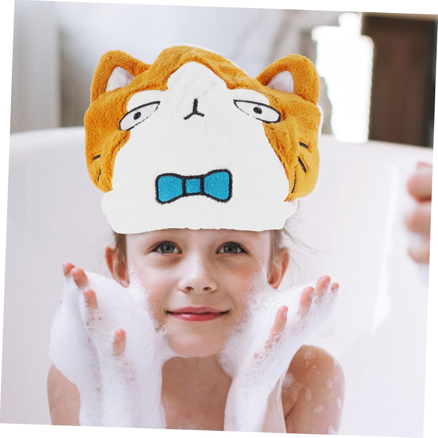 Cartoon Animal Drying Cap Ultra Absorbent Hair Quick Drying Elastic Towel Cute Cat Cap Bath Tool Hat for Adults and Kids Boys Girls