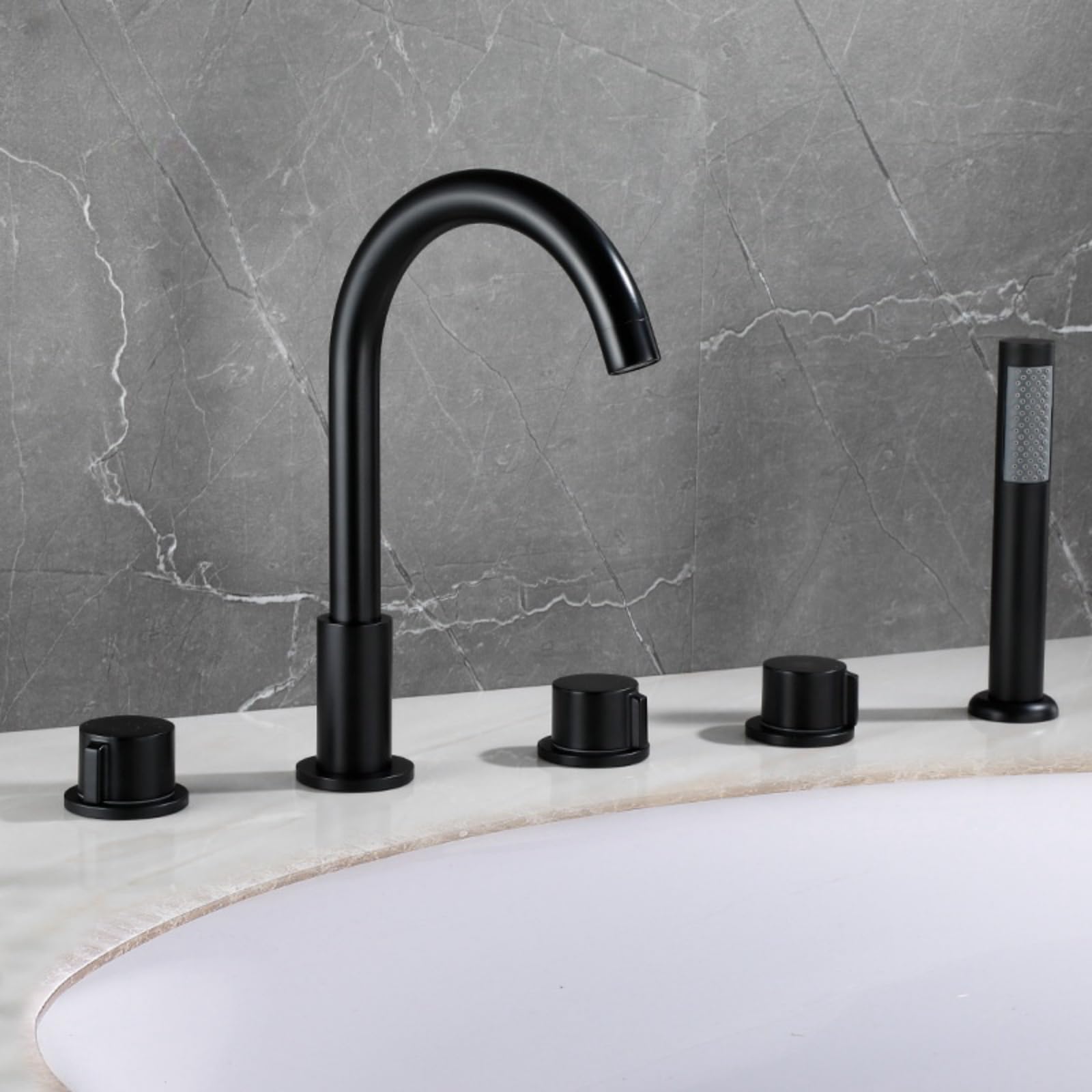 SnamicE 5 Hole Bath Tap Black Bath Mixer Taps with Shower 360 Swivel Spout Double Lever Tap Shower Tap Attachment for Bath,Black