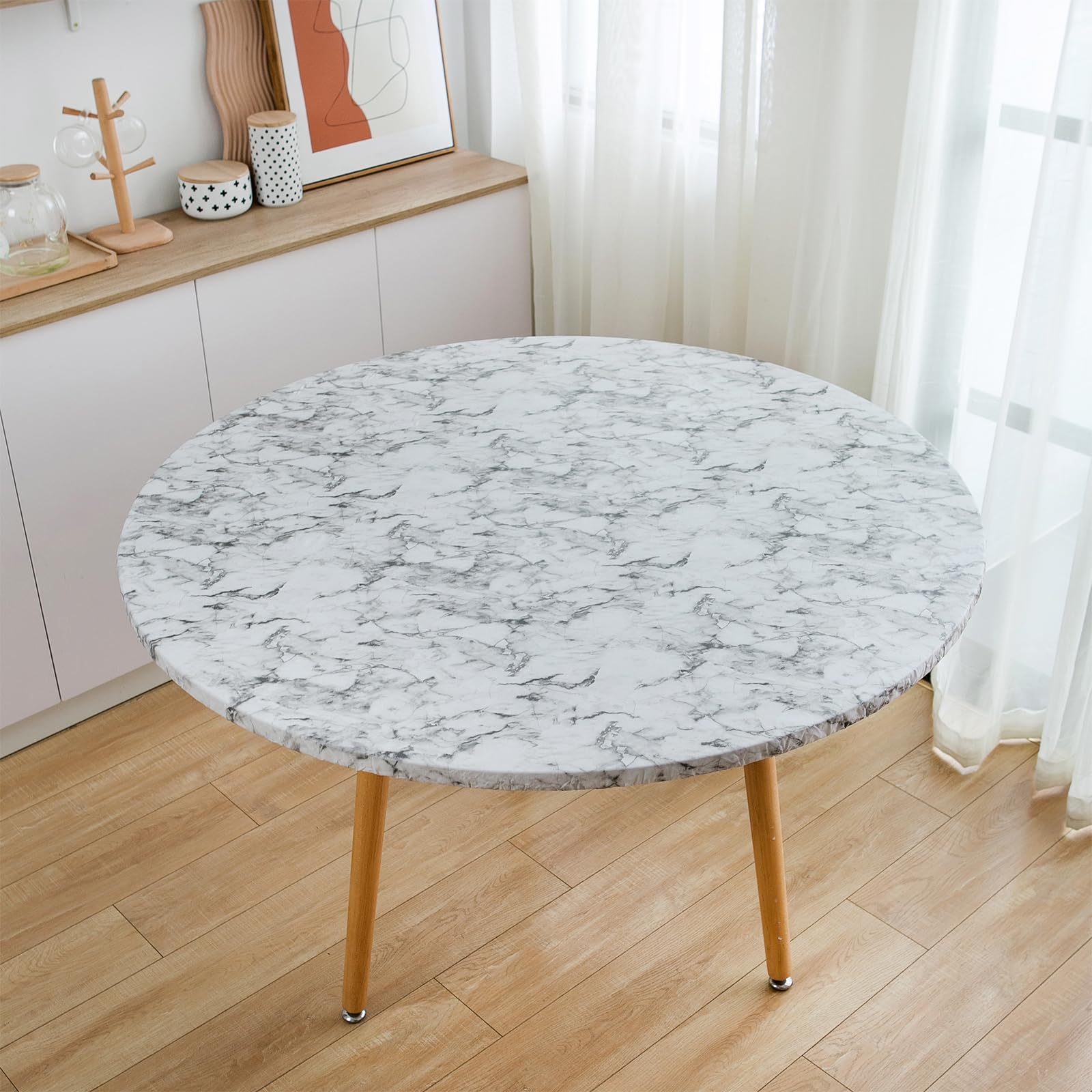 Fenteer Round Fitted Tablecloth with Flannel Backing, Waterproof Wipeable Table Cover Elastic Edge - Image 3