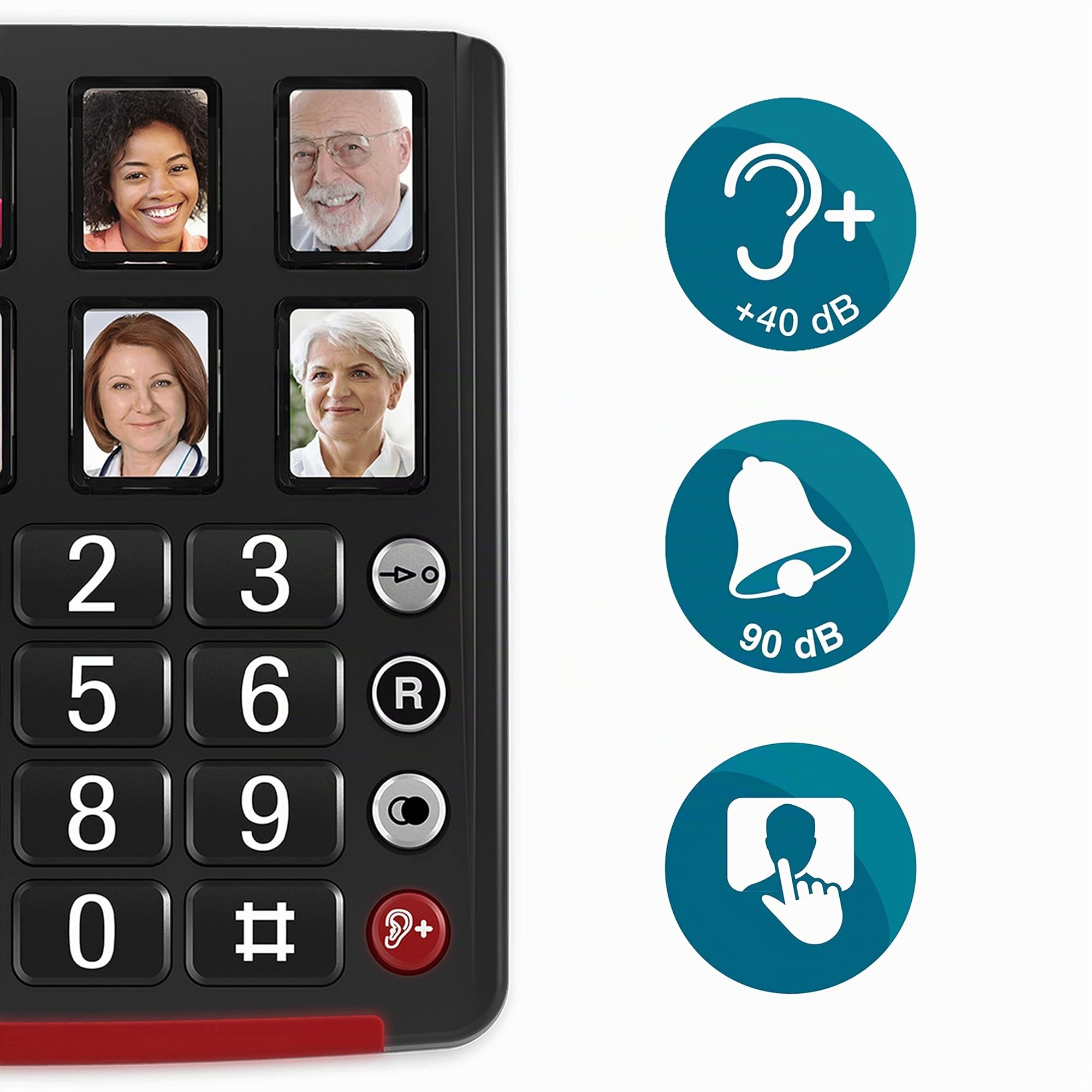 Amplicomms BigTel 40 Plus, telefono con cavo a pulsante grande, sei pulsanti di selezione diretta per foto, potenziamento audio 40dB, suonerie extra forti, compatibile con apparecchi acustici