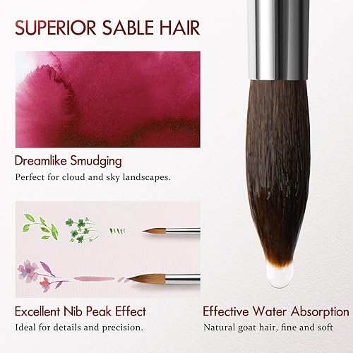 Miniatura 9 de Kolinsky - Pinceles de pintura de acuarela profesional Kolinsky para artistas, 9 piezas, pinceles Kolinsky Sable para acuarela, acrílico, incluye