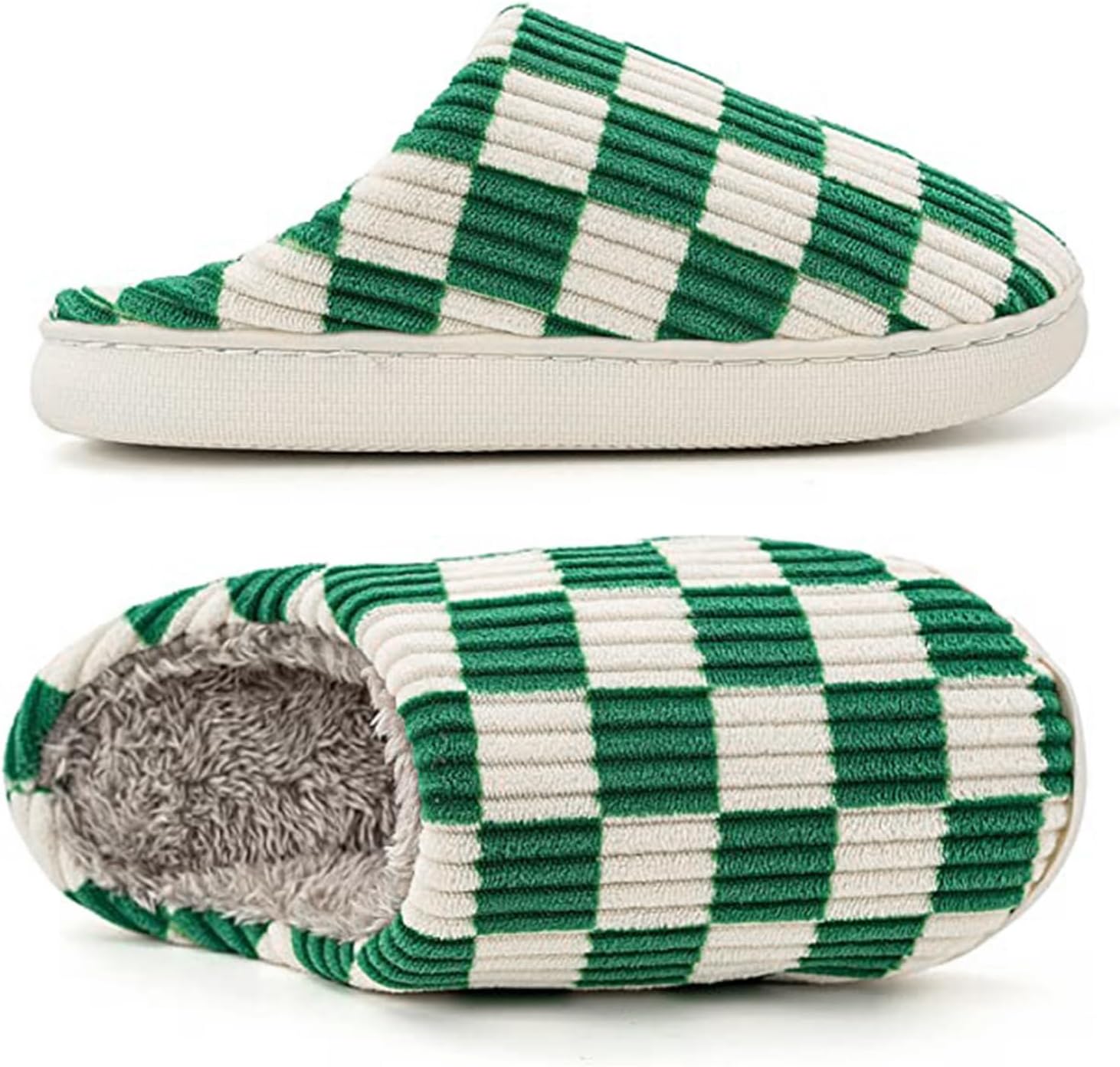 House Slippers for Woman Men, Fuzzy Checkered Mens Womens Slippers Warm Memory Foam House Shoes Indoor Outdoor with Faux Fur Lining - Image 5