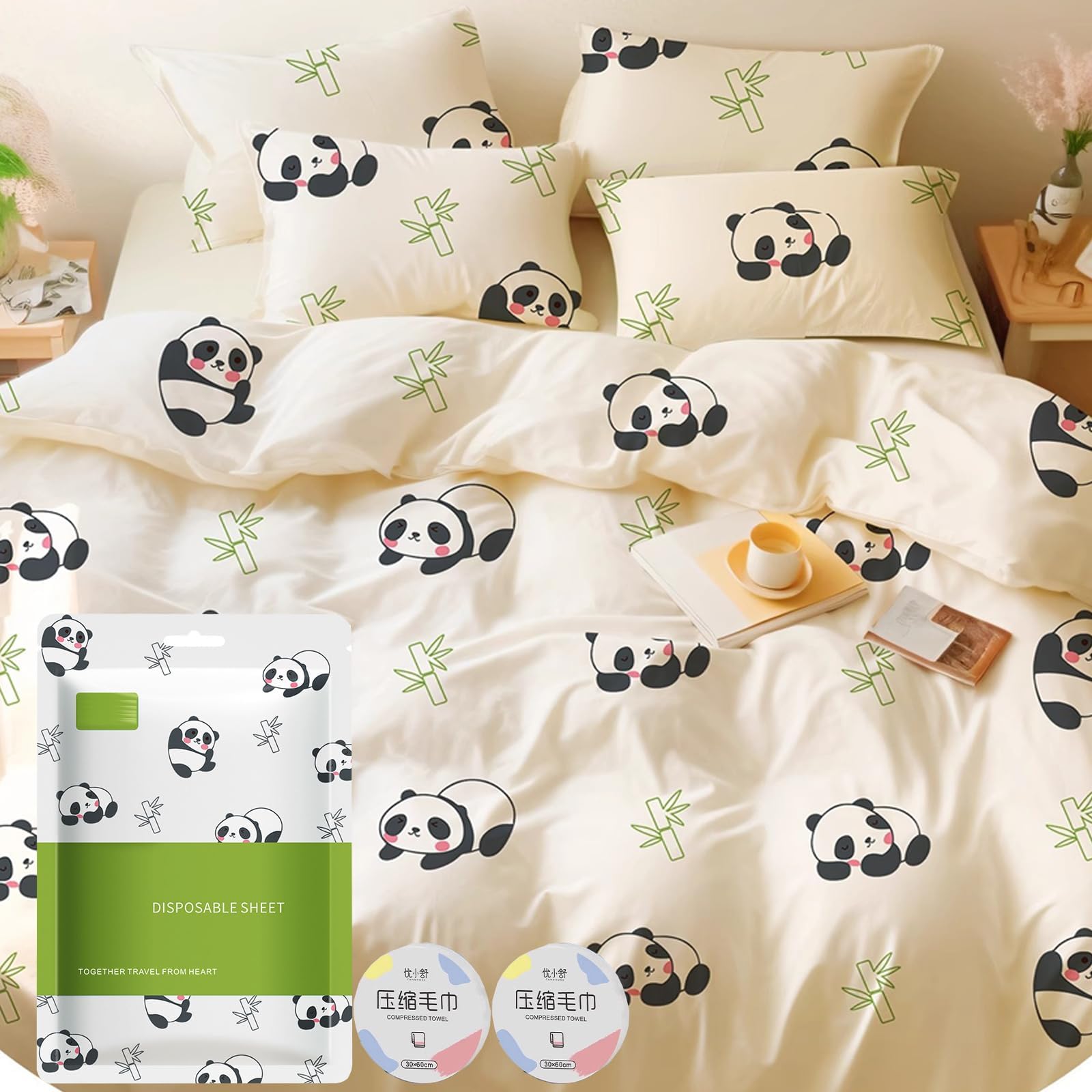 6 Piece Disposable Bed Sheets Quilt Cover and Pillow Case Set Cute Panda Pattern Portable Disposable Sheet Ready to use Disposable Thick Non-Woven Fabric Bedding Cover Set for Hotel Travel Quilt set