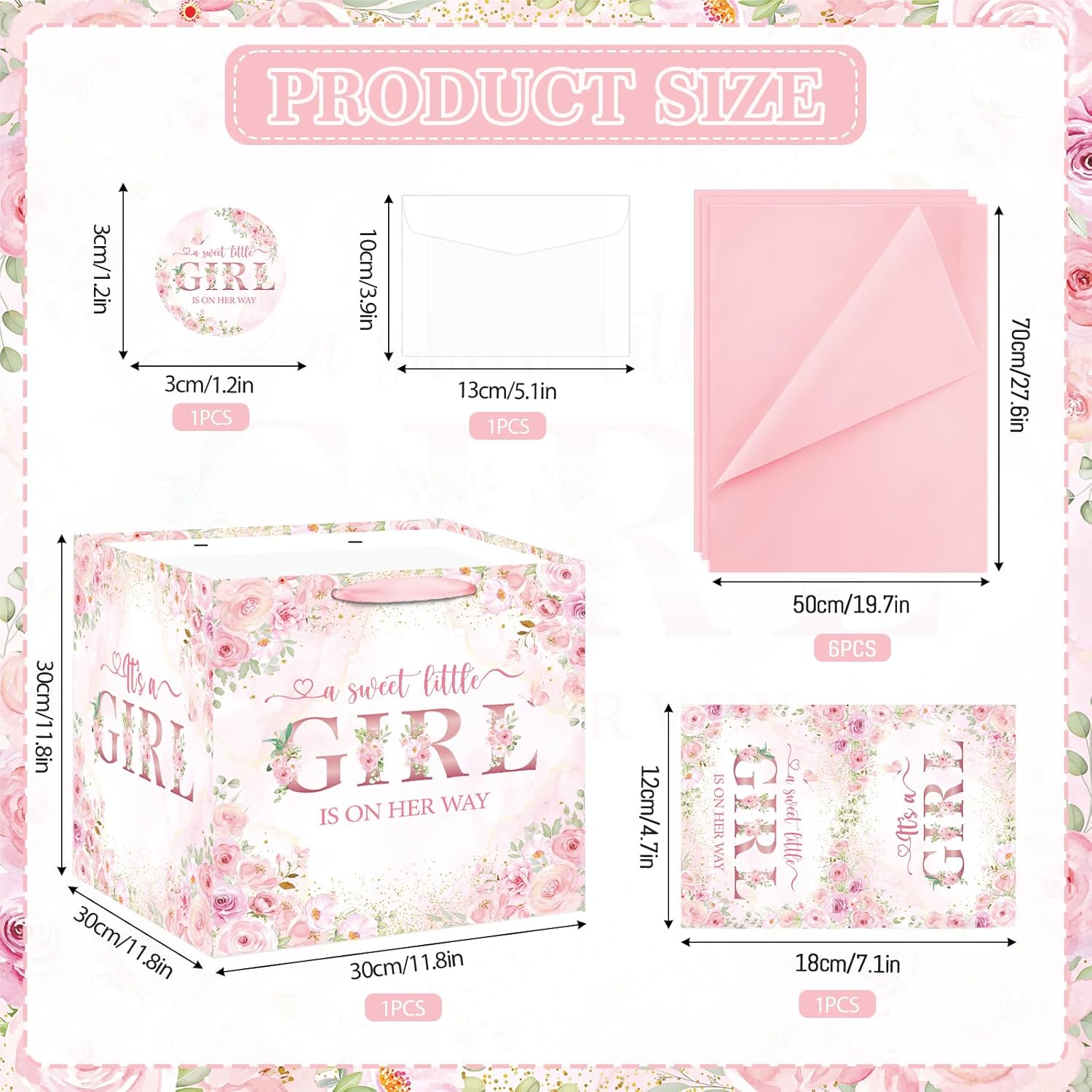 Extra Large Baby Girl Gift Bag Square Jumbo Pink Floral Baby Shower Bag with Wrapping Paper Card Sticker Envelope for New Baby Girls, Daughter, Granddaughter, Niece, Gifts for Newborns Party Favors - Image 2