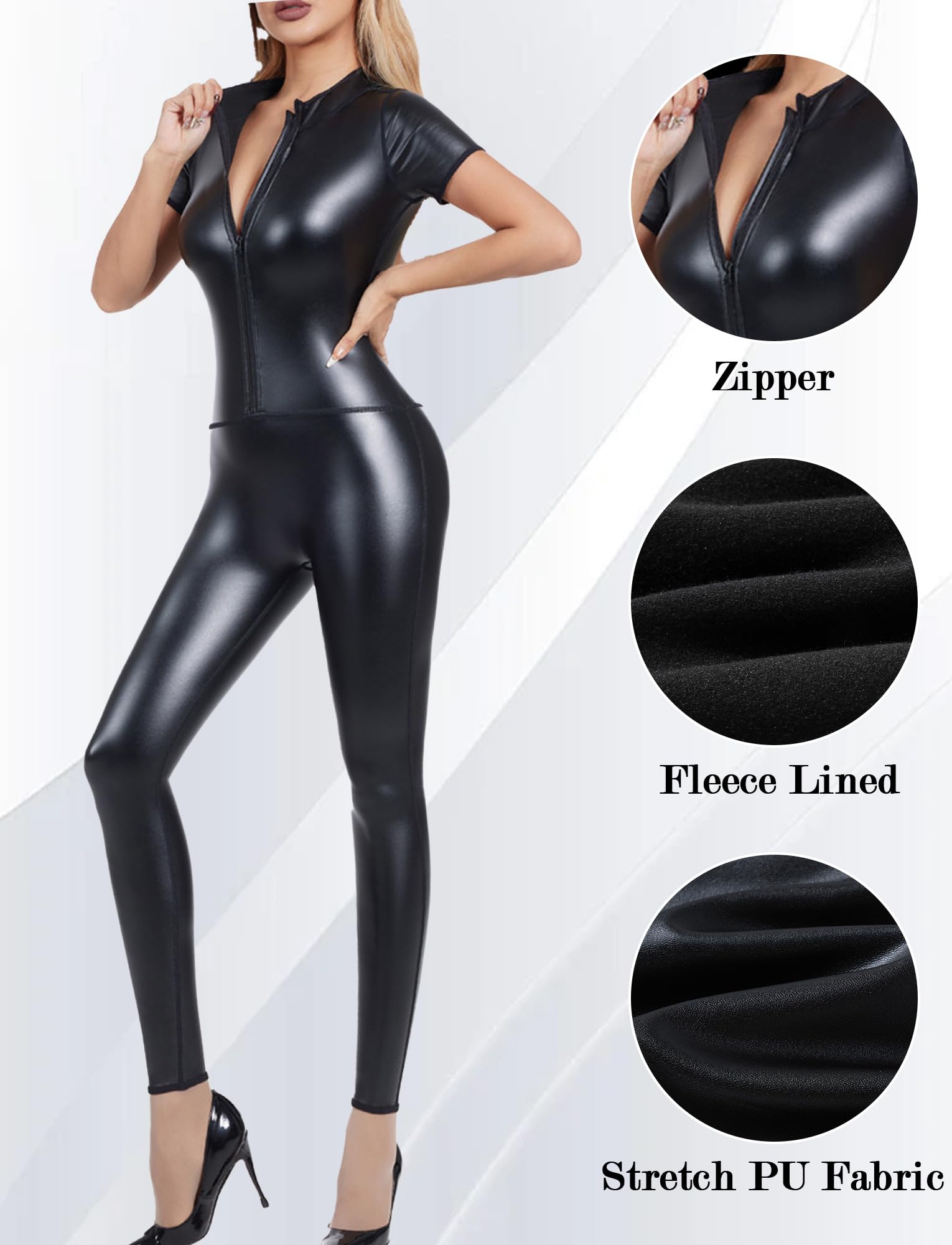 Bodysuit Donna in Pelle Leotard con Anteriore Zip Aderente Stretch Abito per Halloween Formazione Sportivo Spettacolo S-4XL