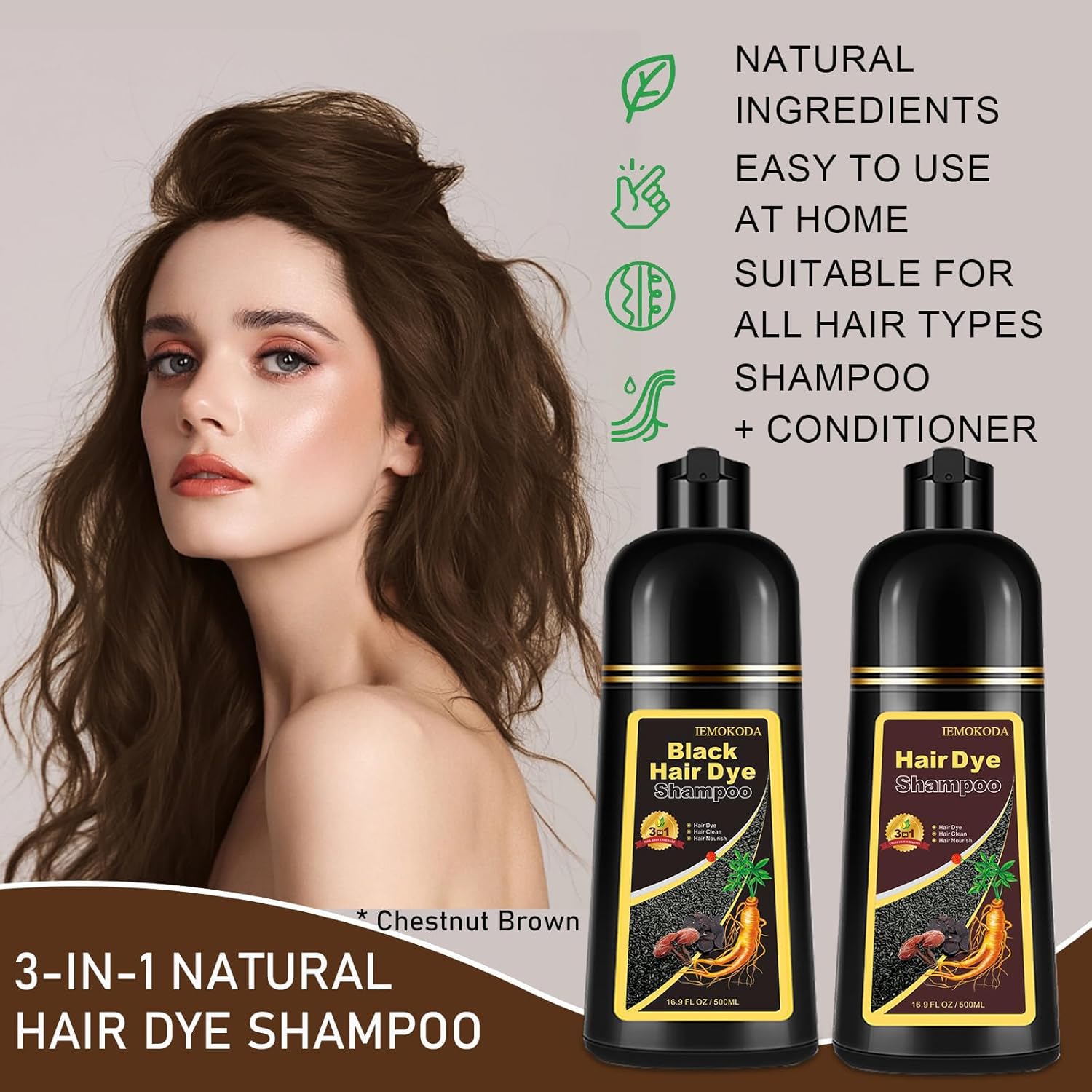 Chestnut Brown Hair Dye Shampoo 3-in-1, Instant & Long-lasting Hair Color Shampoo in Minutes, Gray Hair Coverage for Men & Women, Natural Shampoo Hair Dye for All Hair Types - Image 2