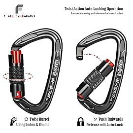 FresKaro Twist Lock Carabiner Clips, Auto Locking and Heavy Duty, Climbing carabeaner Large, for Rock Mountain Tree Climbing, Rappelling, Arborist, Firefighter, Dog, Hammock, Caribeener Keychain Black