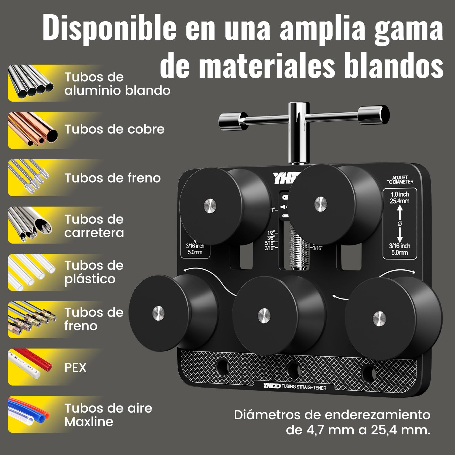 Enderezador de Tubos para Diámetros de 4,7 mm a 25,4 mm, Herramienta Ajustable para Enderezar Tubos de Freno, para Tubos de Cobre, Aluminio, Acero, Tubos Doblados y Líneas de Combustible