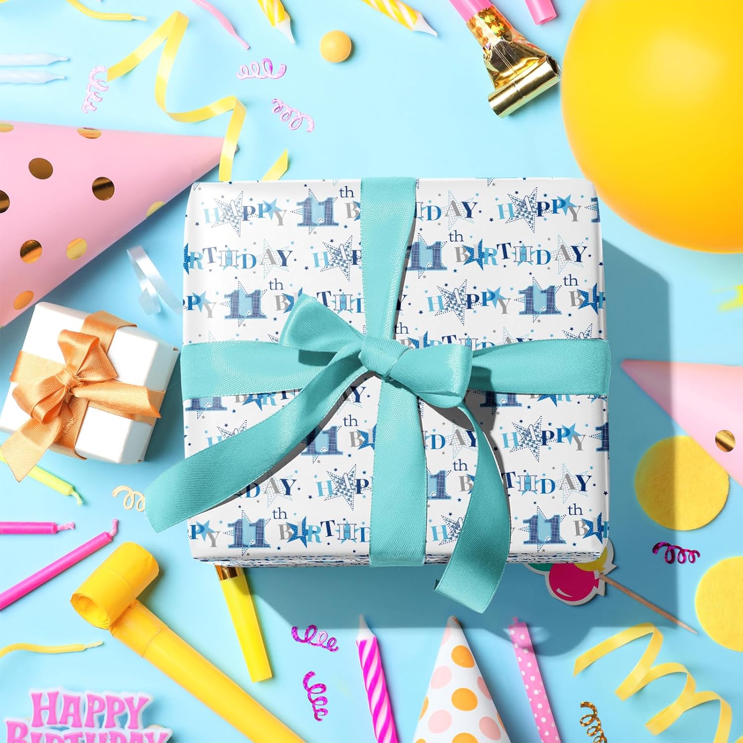LeZakaa 11th Birthday Wrapping Paper Roll - Blue Happy 11th Birthday With Heart Gift Wrap for for Age11 Teens, Kids, Boys - Mini Roll - 17 inches x 16.4 Feet (23.2 sq.ft.) image 5