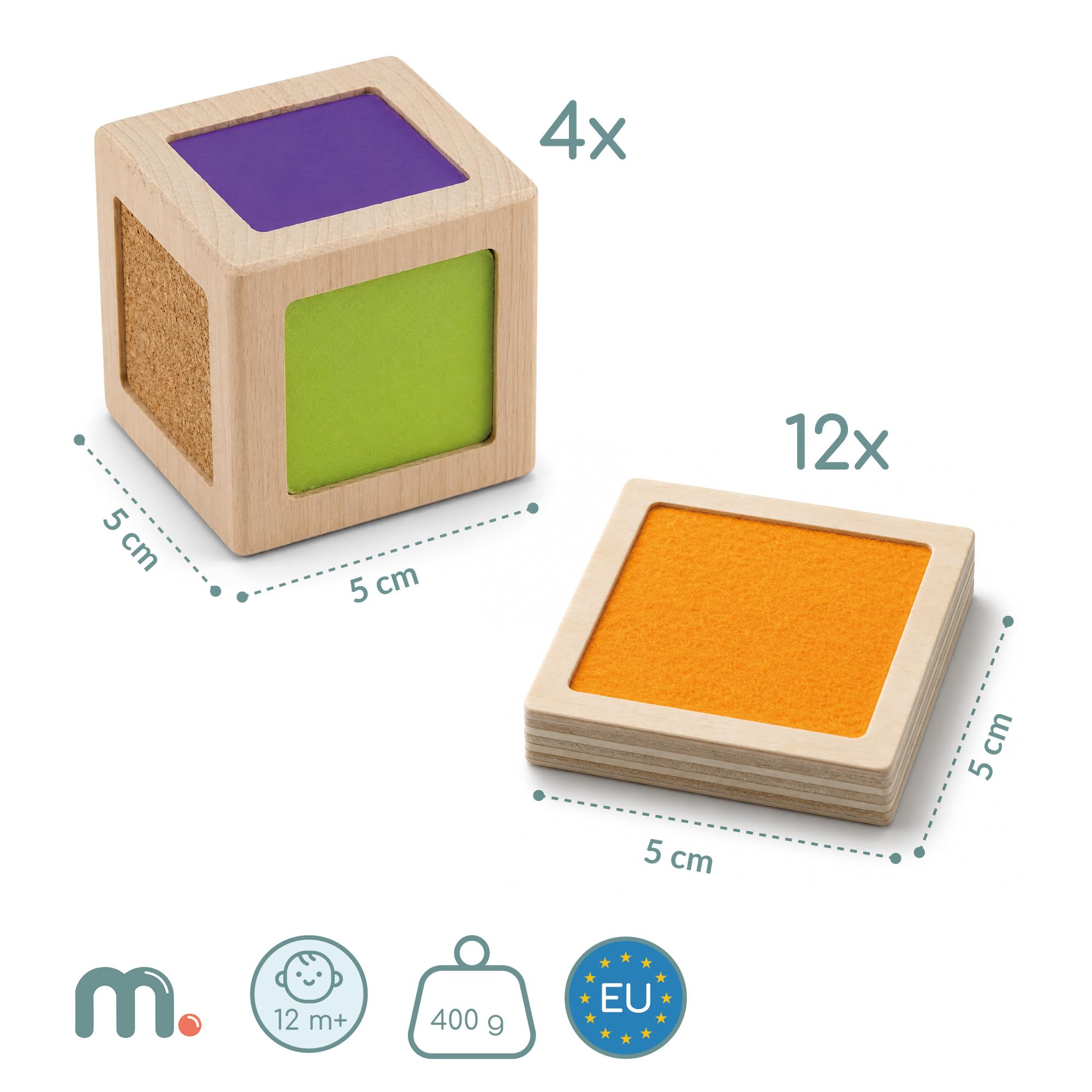 mamabrum Blocchi sensoriali in Legno Montessori, 4 cubi con 12 Texture e 12 Tessere da Abbinare, Gioco tattile educativo per Bambini da 1 Anno, Gioco Naturale per Movimento in casa