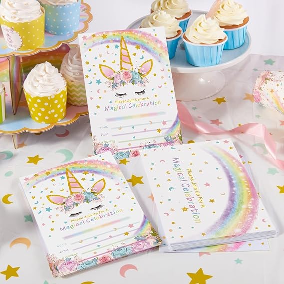 20 Sets Unicorn Party Invitations - Unicorn Party Suppies for Girls Birthday Invitation Cards with Envelopes Fill-in Blank Invite for Kids Summer Baby Shower Decoration
