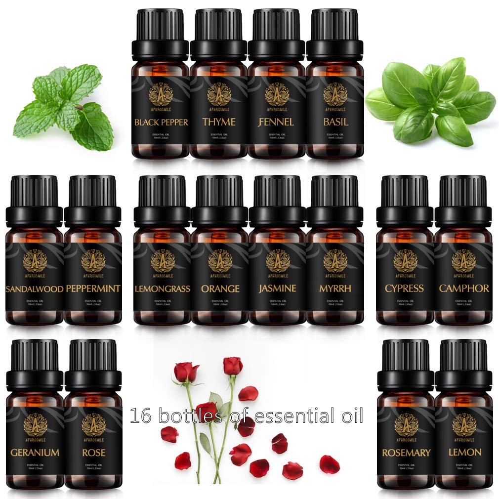 Top 16x10ml Aromatherapie Pfefferminze ätherische Öle Set für Diffusor, 100% reine Zypresse ätherisches Öl Kit für Luftbefeuchter-Jasmin, Myrrhe, Sandelholz, Kampfer, Thymian, Fenchel Öle... Set