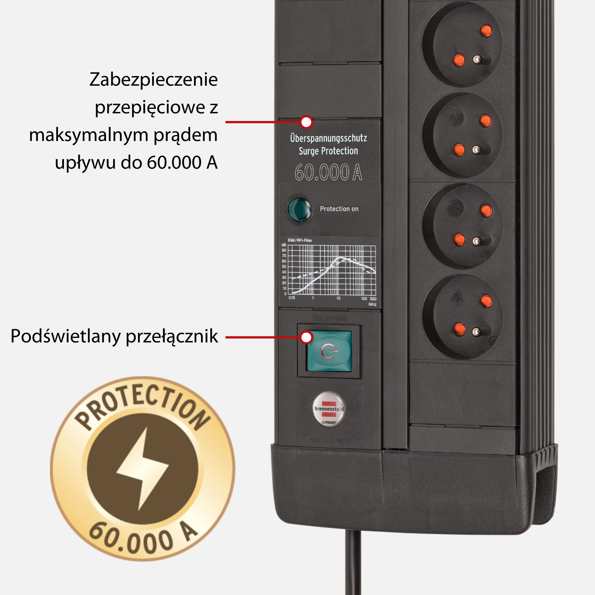 Brennenstuhl Premium-Line Duo listwa przepięciowa z 8 gniazdami/listwa antyprzepięciowa a z ochroną przepięciową do 60.000 A (listwa zasilająca kabel 3 m z wyłącznikiem, Made in Germany) czarna