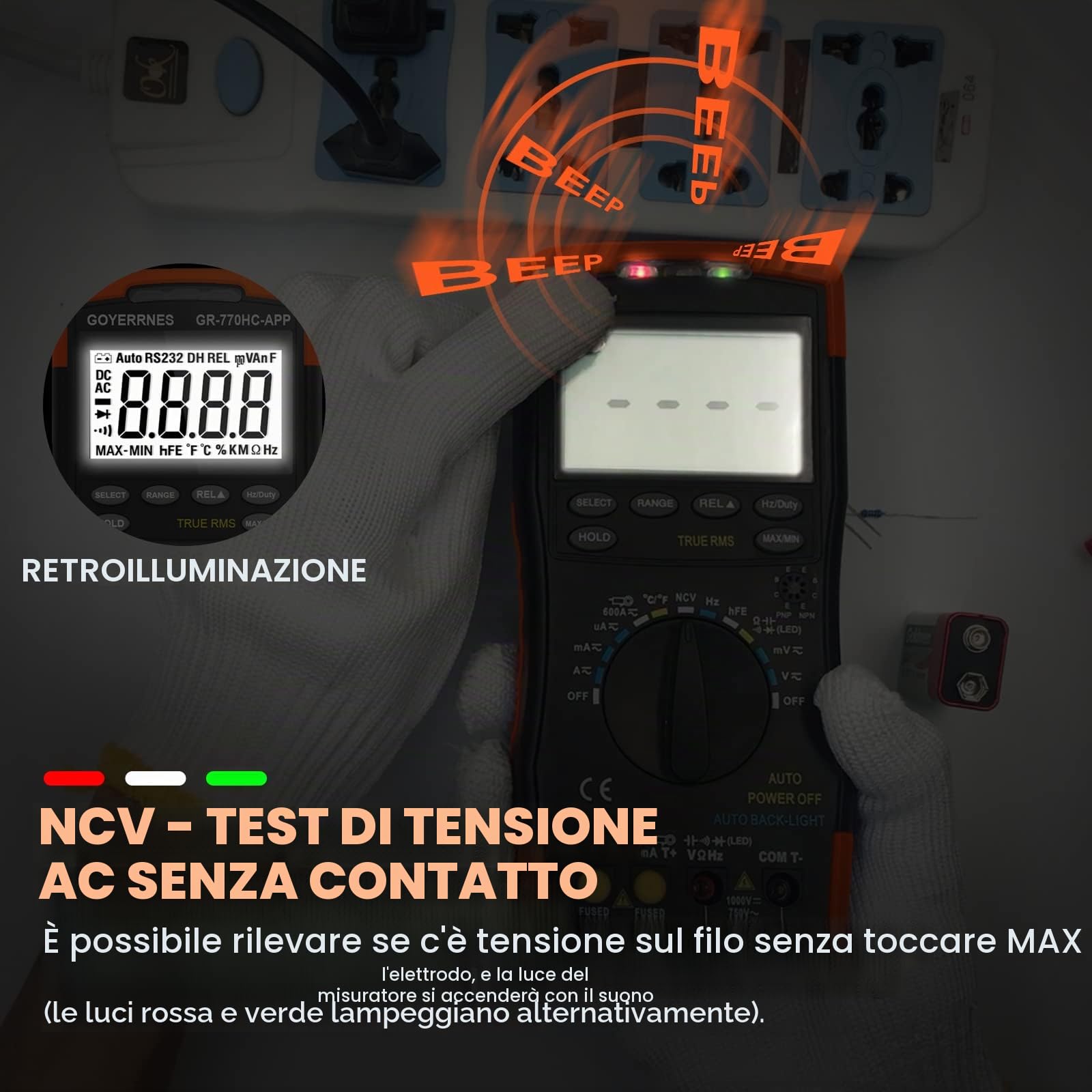 Multimetro digitale conta l'amplificatore AC DC metro senza contatto, Misuratore di ampere AC DC senza contatto con gamma automatica con APP mobile per misurazione di volt ampere ohm temperatura,