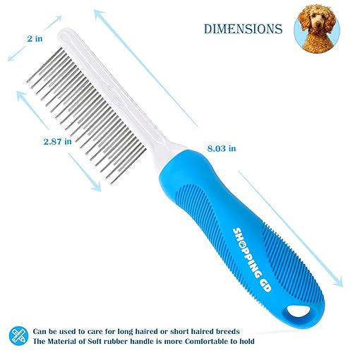 Miniatura 3 de Peine desenredante de aseo para mascotas para perros y gatos con dientes metálicos largos y cortos de acero inoxidable para eliminar enredos y